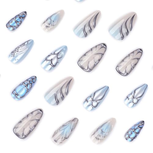 Y2K Blue Press on Nails Long Almond - 3D Metal Design - color: Style-07