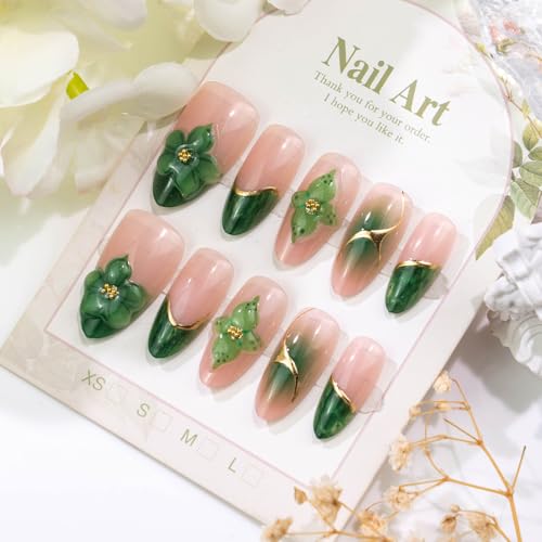 Green French Press On Nails Medium Almond Fake Nails Floral False Nails With Glod Curve Desigh Reusable Acrylic Nail Press Ons Full Cover Glossy Glue On Nails For Women Manicure 24Pcs - color: Design-22