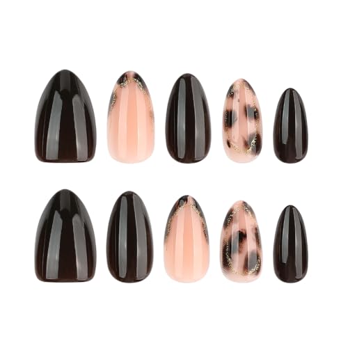 Medium Short Almond Press On Nails, Deep Brown Tortoise, 24 Pcs - color: 102-Espresso Caramel Nude