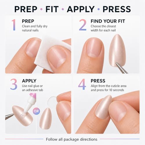 Champagne Shimmer Press On Nails, 32-Piece Almond Reusable ABS Fake Nail Kit with Nail Glue, Glue Remover, Adhesive Tabs, Mini File, Prep Pad and Manicure Stick - color: Champagne Shimmer - Almond