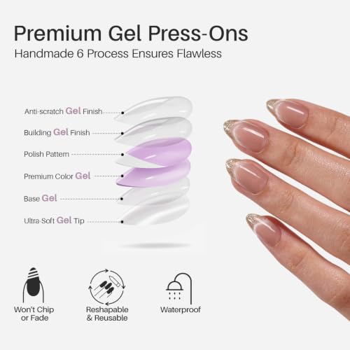 SHANGMENG Press on Nails, Short Almond Glitter French Cat Eye Fake Nails - color: Smile & Shine