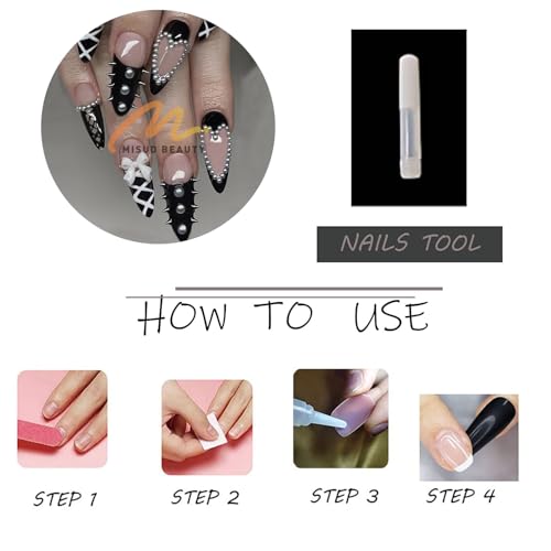 MISUD Press on Nails - Medium Stiletto Glue on Nails with Goth Black, Acrylic Gothic Y2K Design 24 pcs - color: 11211Black