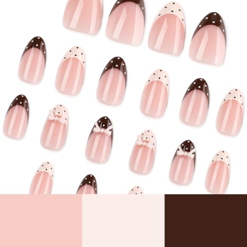French Tip Press on Nails with Polka Dots, Short Almond Fake Nails - color: Style-19