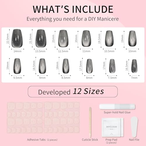Black Cat Eyes Press On Nails,12 Sizes-24 Pcs Soft Gel Black Medium Coffin Fake Nails Kit, Natural Reusable Stick On False Nails for Women and Girls SK0861 - color: SK0861-Black1