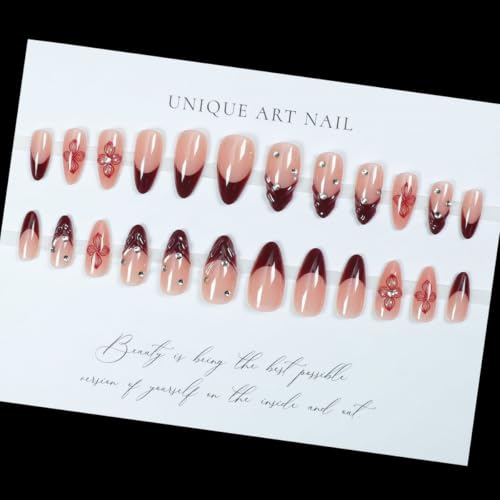 Burgundy French Tip Press on Nails Medium Almond - 3D Flowers - color: D-50