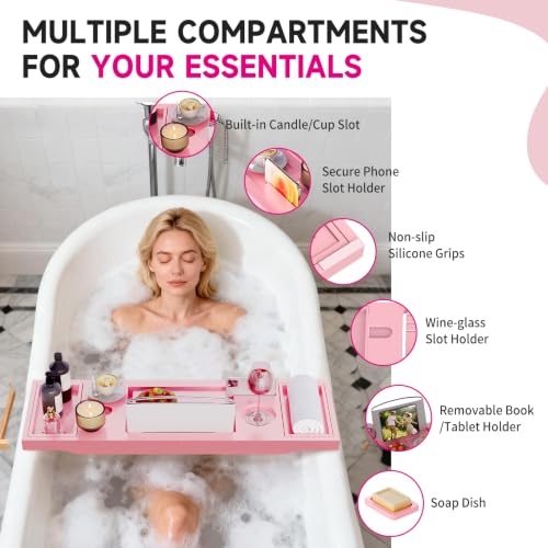 Foldable Bathtub Tray Caddy with Soap Dish Adjustable 29.5-43'' Pink - color: Pink