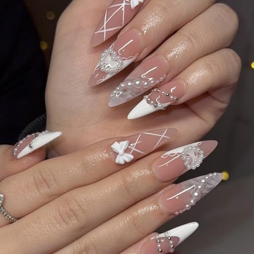 Long Stiletto Press on Nails - White French Tip witn 3D Bow - color: Style-23