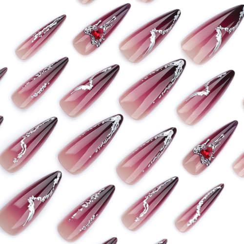 Halloween Red Ombre Press on Nails Long Stiletto - Heart Rhinestone - color: Style-26