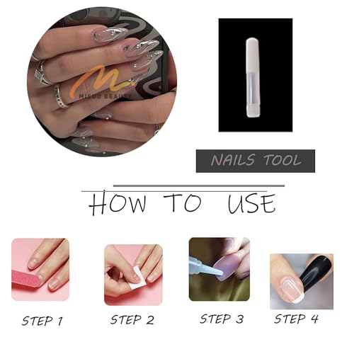 MISUD Press on Nails - Medium Almond Glue on Nails with Silver Chrome, Acrylic 3D Pearl Design 24 pcs - color: 11206Silver