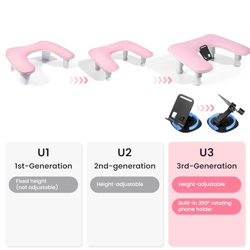 U-Shaped Manicure Arm Rest for Nails Tech with Rotating Phone Stand, Pink - color: 3nd Gen Height-adjustable Rose