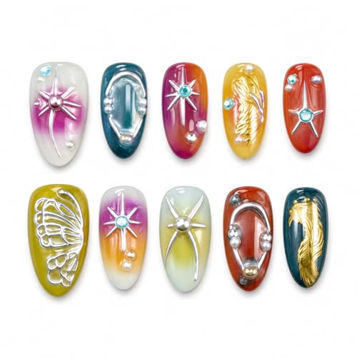 Y2K 3D Butterfly Press On Nails Almond, Gothic Gradient Shiny False Nails with Metallic Foil, Rhinestone & Pearl Details, Luxury Reusable Acrylic Fake Nails For Women(Size S) - color: ZXR311-S, size: S
