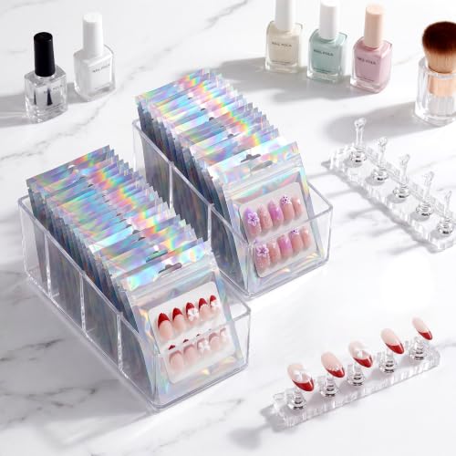50Pcs Press On Nail Packaging with Nail Stand for Painting Nails - color: Holographic