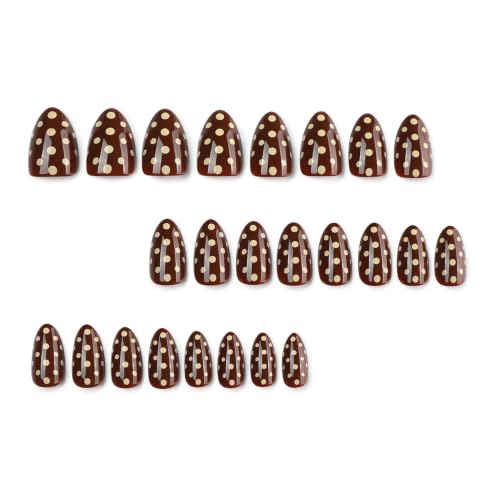 Fall Press on Nails Short Almond Brown Fake Nails Press on with Polka Dot - color: BD-Brown-15