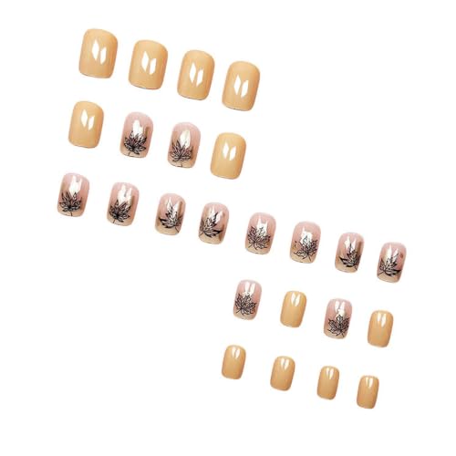 Autumn Press on Nails Short Square Fake Nails with Maple Designs Full Cover Nails Press ons Gold Nude Glue on Nails Fall Acrylic Nails Glossy Stick on Nails for Women 24Pcs - color: 16