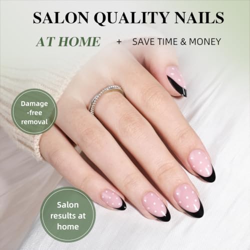 Polka Dot Press On Nails - Black French Tip Almond Fake Nails - color: 3C - Black French Dot