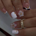 French Tip Press on Nails Square Short 3D Flower Water Ripple Design - color: Gold White