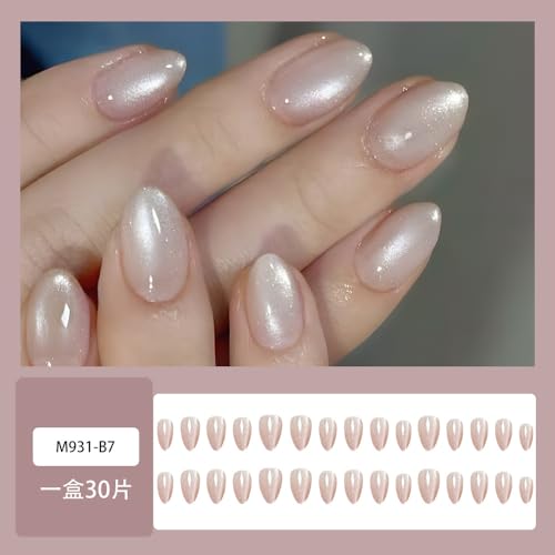Cat Eye Nails Press ons Short Press on Nails Almond Fake Nails with Glitter Deisgn Nude Pink False Nail Full Cover Glossy Acrylic Glue on Nails Stick on Nail for Women 30Pcs - color: Q6