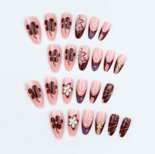 "24Pcs Long Press on Nails Almond Burgundy Nude Gradient Flower Fake Nails Star Charm False Nails Glossy Glue on Nails Trendy Acrylic Stick on Nails Night Out Party Club Gathering for Girl Women " - color: QKS-BT-017-17