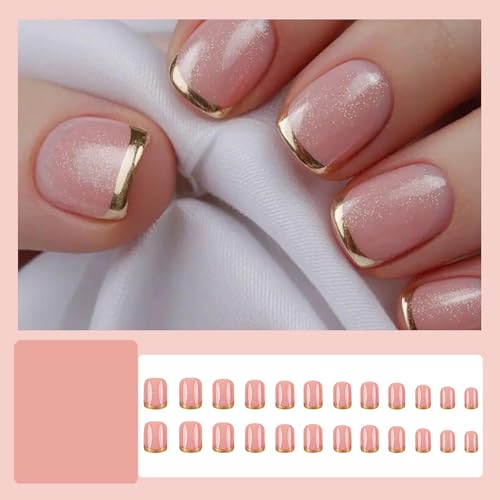 Gold French Tip Press On Nails Short Square Fake Nails Pink False Nails With Glitter Design Acrylic Glue On Nails Reusable Nails Press Ons For Women Girls - color: short square nails-1