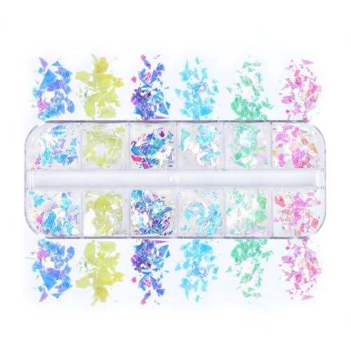 1 Box Holographic Aurora Nail Foil Laser Mermaid Nail Sequins 3D Iridescent Cellophane Nail Flakes Sparkly Glitter Flakes Shiny Nail Glitter Iridescent Nail Sequins Glitter for Nails Art 12 Grids - color: YHN27