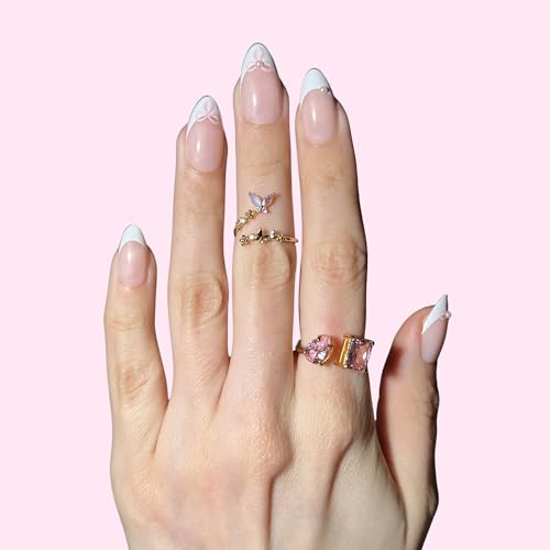 PaintLab Belle Bows 3D Pearl French Tip Press On Nails, Short Almond, 30pc - color: Belle Bows