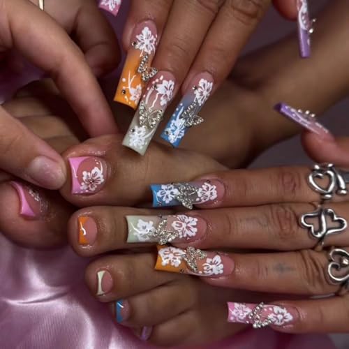 CTTHNBD Press on Nails Long Square & Fake Toenails Set, Flower Butterfly Charms Design - Spring Press on Toe Nails for Women - 48 Pcs - color: Ombre Pink