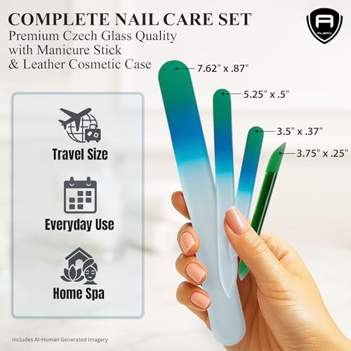 Alban Czech Glass Nail File Set with Manicure Stick & Vegan Leather Case - color: Blue & Green & Green Manicure