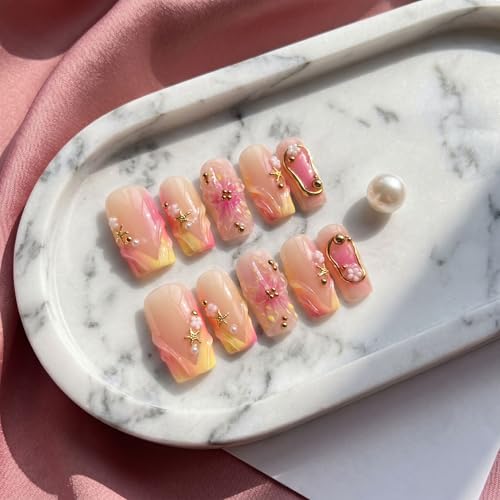 Medium Square Handmade Press on Nails - Ombre French Tip Fake Nails with Gold Starfish & 3D Floral Designs False Nails Reusable Acrylic Stick on Nails for Women 10Pcs (Size M) - color: style2