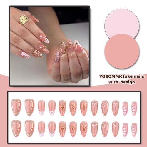 Nude French Tip Press on Nails Almond Medium 3D Flower Fake Nails - color: 14-Pink