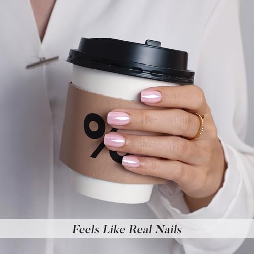 SHANGMENG Press on Nails, Square Short Light Pink Chrome Nails, Soft Gel - color: Blush Veil