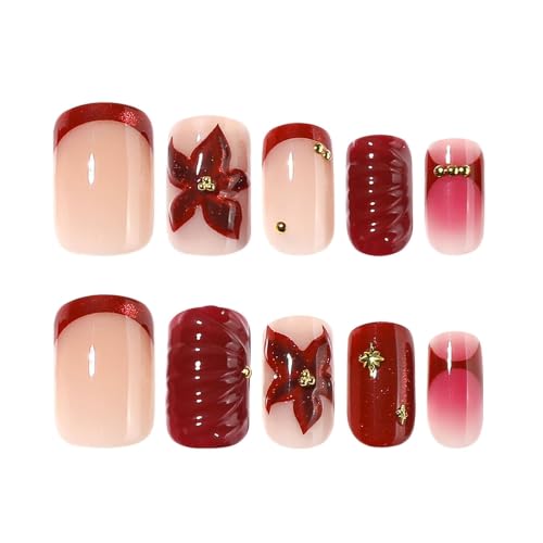 RTKHFZE Red French Tip Press on Nails Short Square Fake Nails 24Pcs - color: Style-42