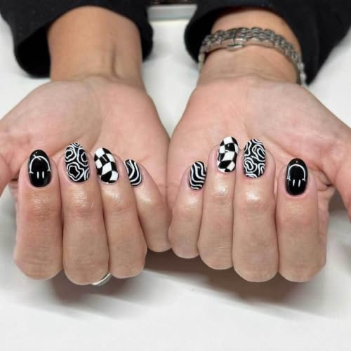 Black & White Press on Nails Short Oval Abstract Fake Nails 24Pcs - color: Color-5