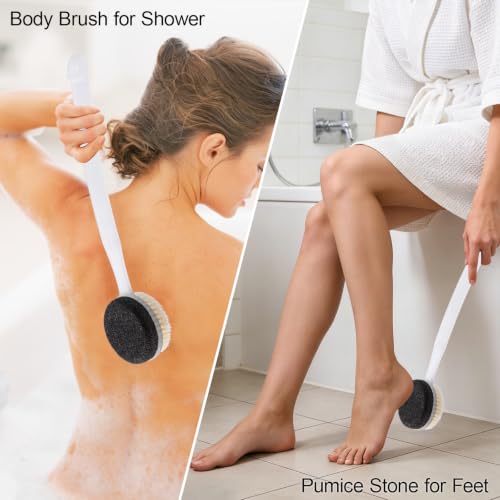 Pumice Stone Brush for Feet with 13.7" Long Handle, 2-in-1 Shower Foot Scrubber Callus Remover Pedicure Tool, Dead Skin Remover, Back Scrubber Body Brush for Shower Deep Cleansing Clear White - color: Clear White, Black Pumice Brush