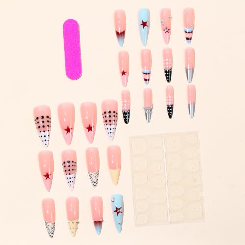 Press on Nails Long Almond Star Zebra Stripe Metal Stud Gradient Fake Nail 24pcs