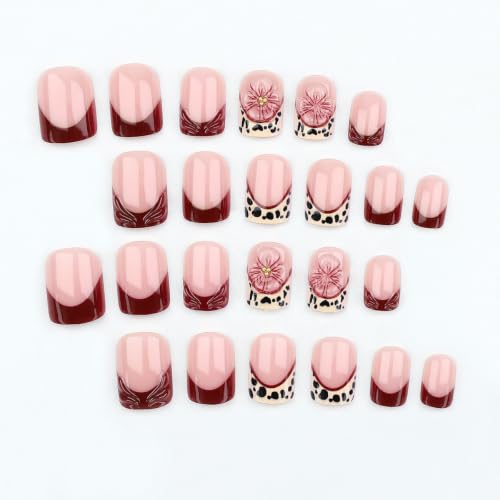 French Tip Press on Nails Short Square Leopard Flower Design - color: Red Black Glod