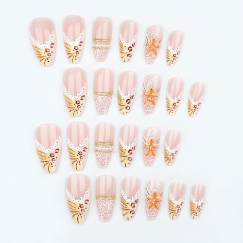 Long Stiletto Press On Nails, Nude Leopard Print French Tip Fake Nails - color: PJ-Pink-4