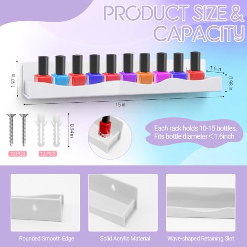 15" Nail Polish Wall Rack 6 Pack, Wall Mounted Organizer Holds 66+ Bottles - color: White-standard