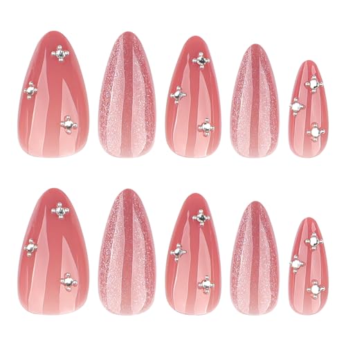 Pink Press On Nails Almond Medium Fake Nails Glitter With Rhinestone Design False Nails Press Ons Glossy Acrylic Nails Reusable Glue On Nails For Women Girls - color: Design-3