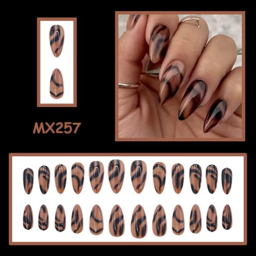 Fall Brown Press on Nails Medium Almond Fake Nails Gradient Acrylic Nails - color: Summer Style-Colorful-2