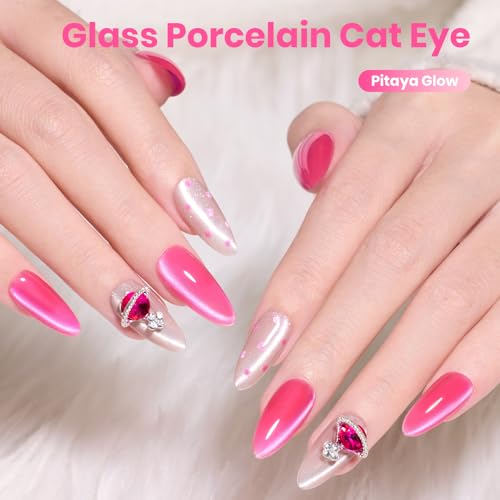 Beetles Hot Pink Cat Eye Gel Nail Polish - Pitaya Glow 15ML Full Size Glitter Pink Cat Eye Summer Gel Polish Magnetic Shimmer Effect Soak Off UV Nail Art Design Salon DIY Manicure Gift for Women - color: B - Hot Pink | Pitaya Glow