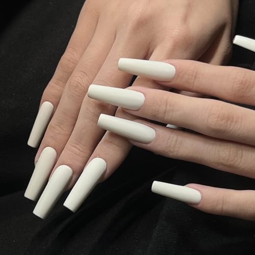 MISUD Press on Nails - Long Coffin Fake Nails with Milky White, Acrylic Matte Solid Color Design 24 pcs - color: 019A05-13White