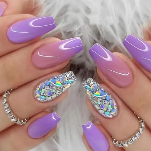 Short Press On Coffin False Nails with Glitter Sequins Designs Purple Gradient Glue On Nails - 24Pcs - color: Glitter Sequins Designs & Purple Gradient