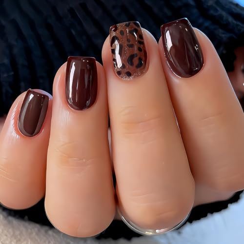 Fall Brown Press On Nails Short Square Fake Nails With Leopard Print Design - color: fallnails21