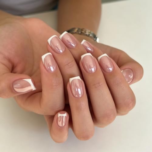 24Pcs French Tip Press on Nails Short Square Fake Nails with Chrome Designs - color: 33