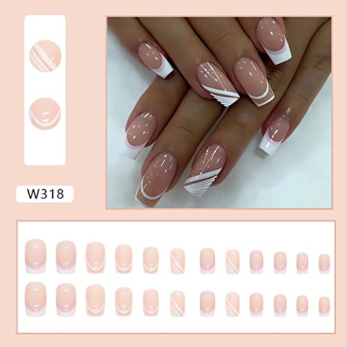 French Tip Press on Nails Medium Square Fake Nails Sweet White Nail Tips Designs Full Cover Square Shape False Nails Nude Acrylic Glue on Nails Medium Length for Women Girls, 24PCS - color: Style1