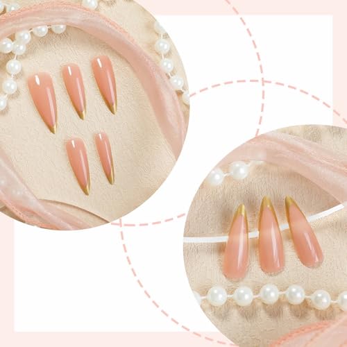 MISUD Press on Nails - Long Stiletto Glue on Nails with Gold Chrome, Acrylic French Tip Design 24 pcs - color: 02305-03Gold