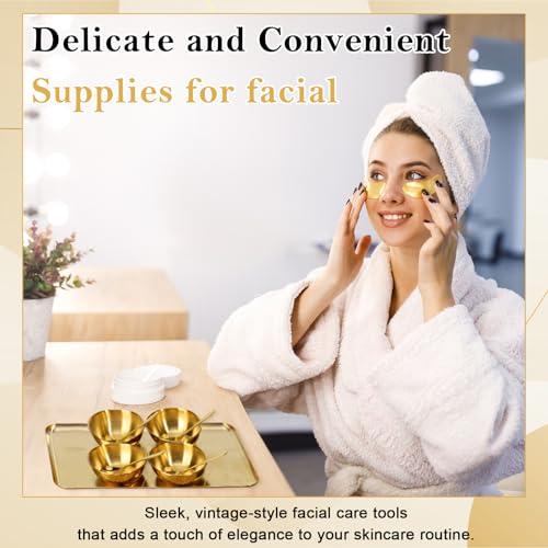 9 Pcs Gold Facial Supplies Large Gold Skincare Tray 4 Stainless Steel Facial Mask Mixing Bowls 4 Esthetician Mixing Spoons Spa Tray Esthetician Bowls for Mask Body Care Bathroom - color: Gold
