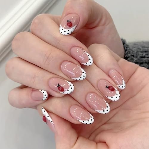 3D Short Oval French Tip Press‑On Nails — Nude Pink with White Polka Dots & Cute Ladybug, Glossy Acrylic Stick‑On Reusable Full‑Cover False Nails for Women & Girls — Easy‑Apply Tabs, Salon‑Quality - color: Polka-dot ladybug