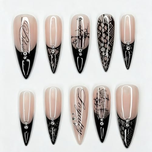 Goth Press on Nails Long Stiletto Black Fake Nails 24Pcs - color: Color-4