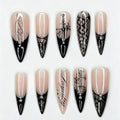 Goth Press on Nails Long Stiletto Black Fake Nails 24Pcs - color: Color-4